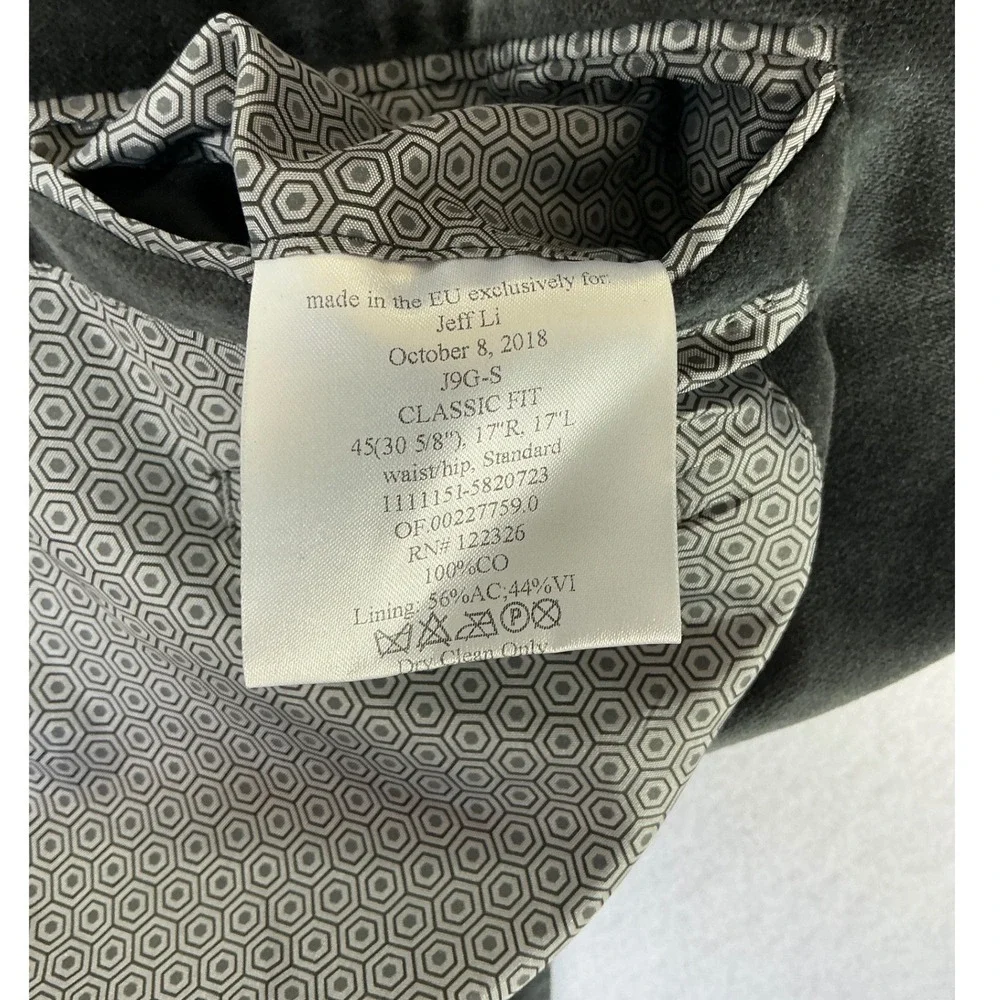 J. Hilburn Blazer Mens 45R Dark Gray Velvet Classic Fit Custom Sport Coat J9G-S